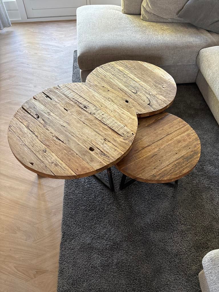 Set van 3 salontafels met houten blad en ijzeren frame, Ophalen, Gebruikt, 50 tot 100 cm, Rond