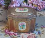 Leuk brocant blikje, goudkleurig, roze roosjes, bloemboeket, Ophalen of Verzenden, Gebruikt, Overige