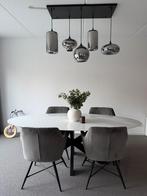 Ovale eettafel marmerlook en 4 x antraciet velvet stoelen, Gebruikt, 100 tot 150 cm, 200 cm of meer, Vier personen