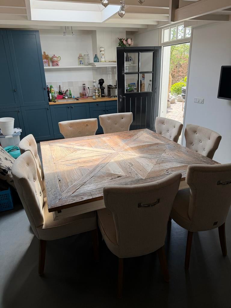 Riviera Maison eettafel met 8 stoelen, Ophalen, Gebruikt, 150 tot 200 cm, Vierkant