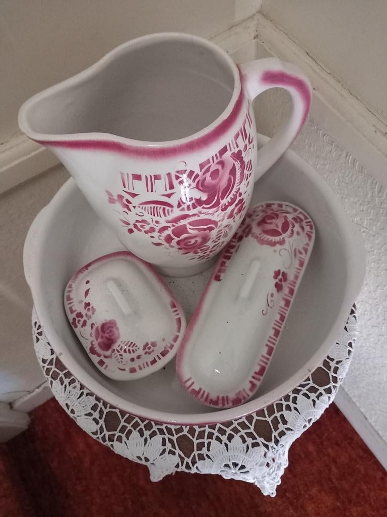 Antieke waskom set met kan en zeepbakjes, Antiek en Kunst, Ophalen of Verzenden