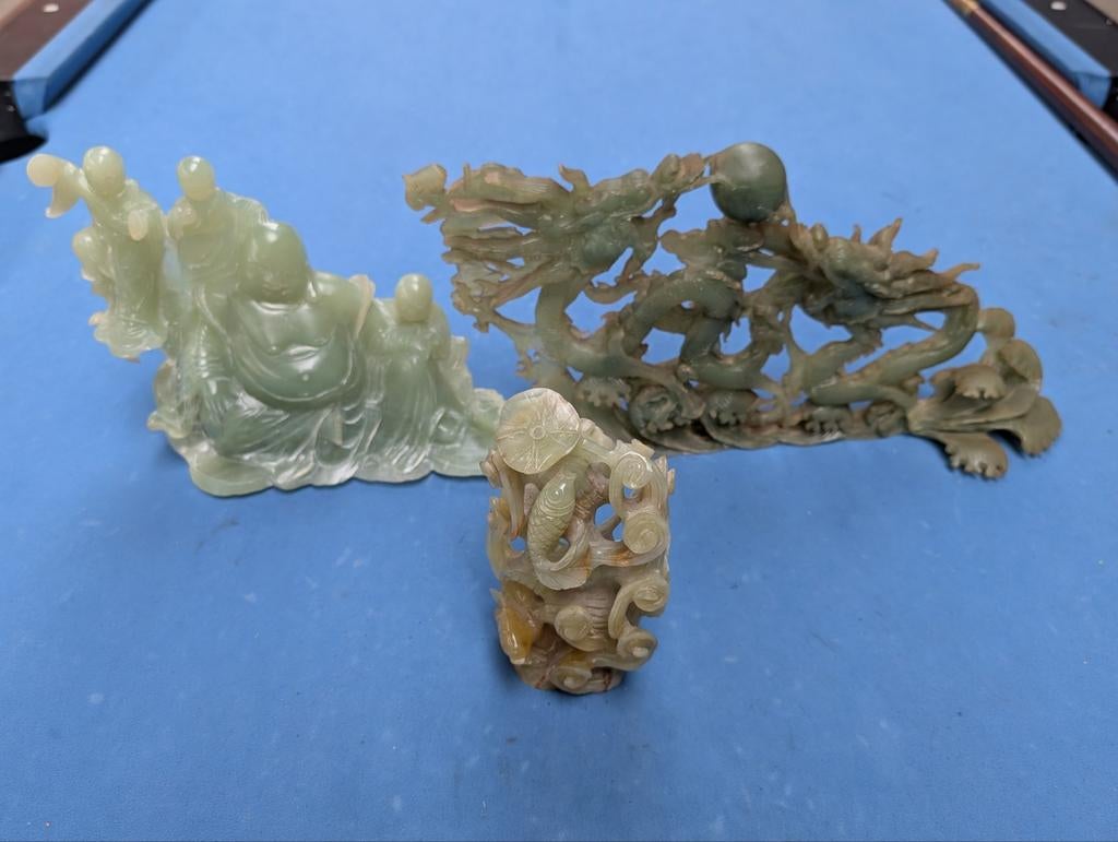 Set van 3 Chinese sculpturen: Boeddha, draken, vis, Antiek en Kunst, Kunst | Beelden en Houtsnijwerken, Ophalen, Handgemaakt, 20 - 50 cm