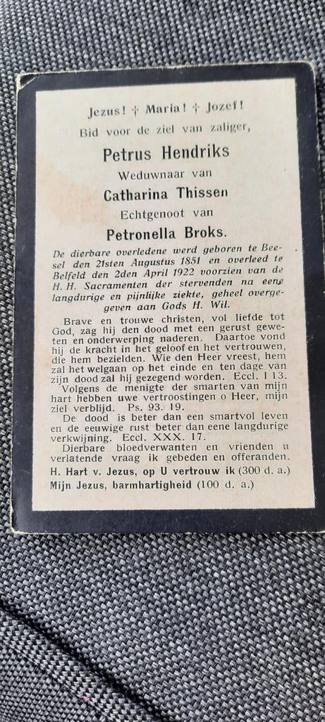 Bidprentje Petrus Hendriks  Beesel Belfeld Tegelen, Verzenden