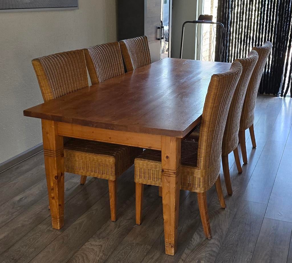 Grenen eettafel set met 6 rieten stoelen – 220 cm, Ophalen, Gebruikt, Eethoek, 4 tot 6 stoelen