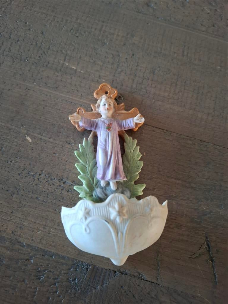 Vintage wijwaterbakje kindje Jezus Heilig Hart brocante, Antiek en Kunst, Ophalen of Verzenden