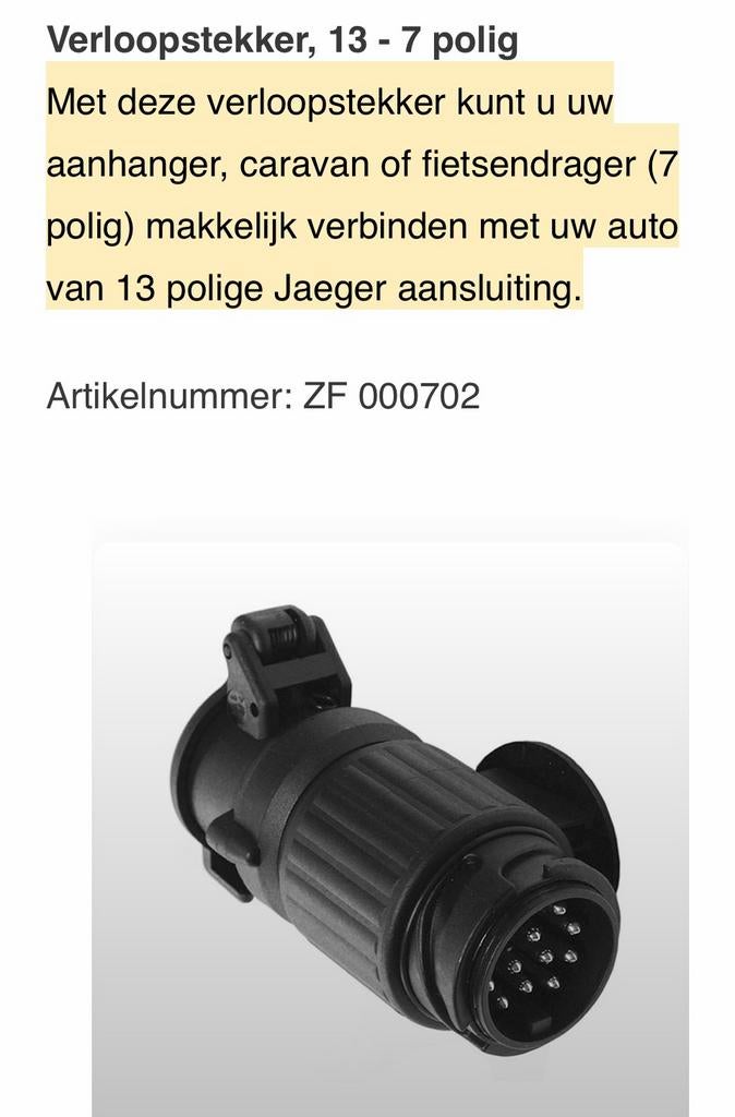 Verloopstekker 13-7 polig, Ophalen of Verzenden, Gebruikt