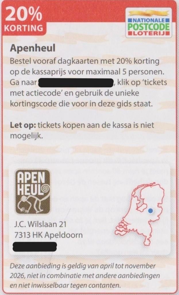Apenheul 20% korting. Apeldoorn. Postcodeloterij kortingsbon, Drie personen of meer, Kortingskaart