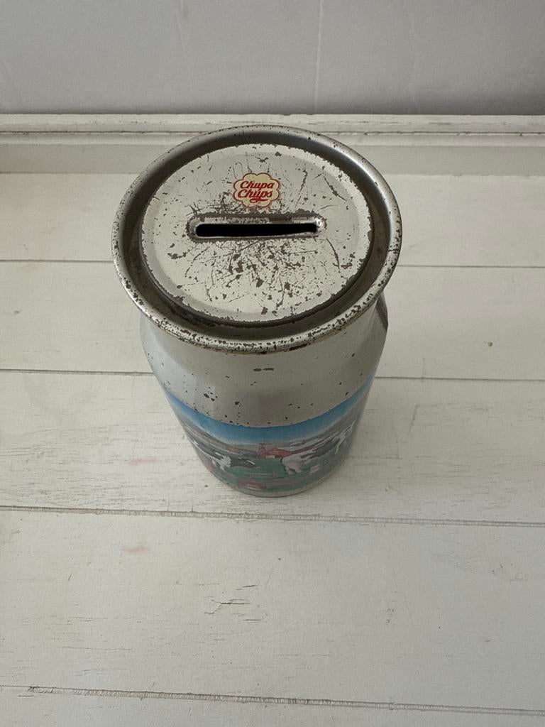 Vintage Chupa Chups spaarpot melkbus koeien boerderij, Ophalen of Verzenden, Gebruikt, Metaal of Blik, Dier
