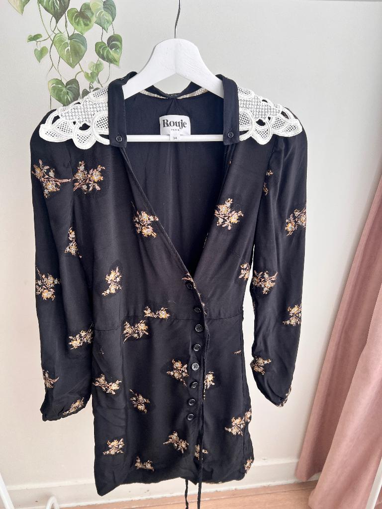 Rouje Paris jurk – maat 34 – elegante bloemenprint, Zwart, Ophalen of Verzenden, Zo goed als nieuw, Maat 34 (XS) of kleiner