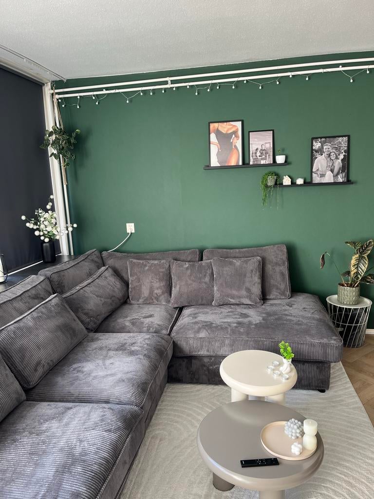 Grijze ribstof hoekbank - Comfortabel en stijlvol, Ophalen, Gebruikt, 100 tot 125 cm, Hoekbank