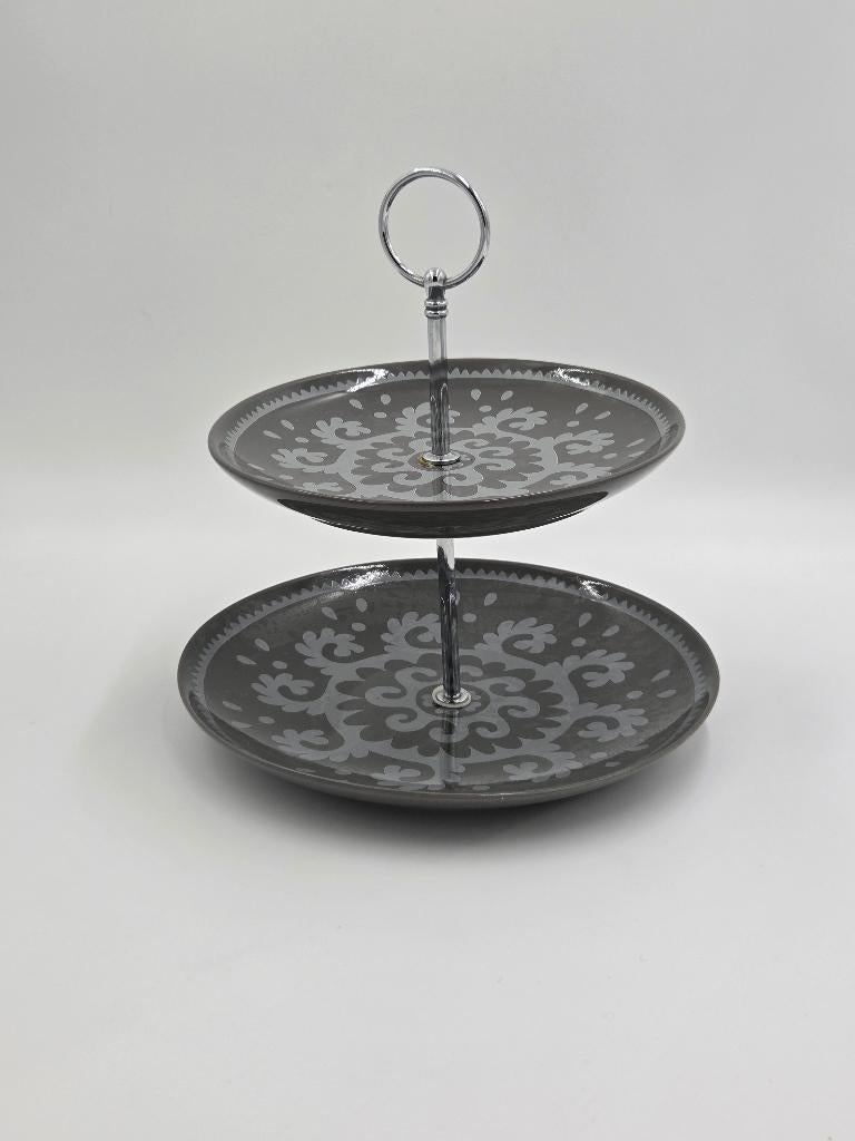 2-laags serveerschaal etagère grijs met patroon luxe, Ophalen of Verzenden, Nieuw
