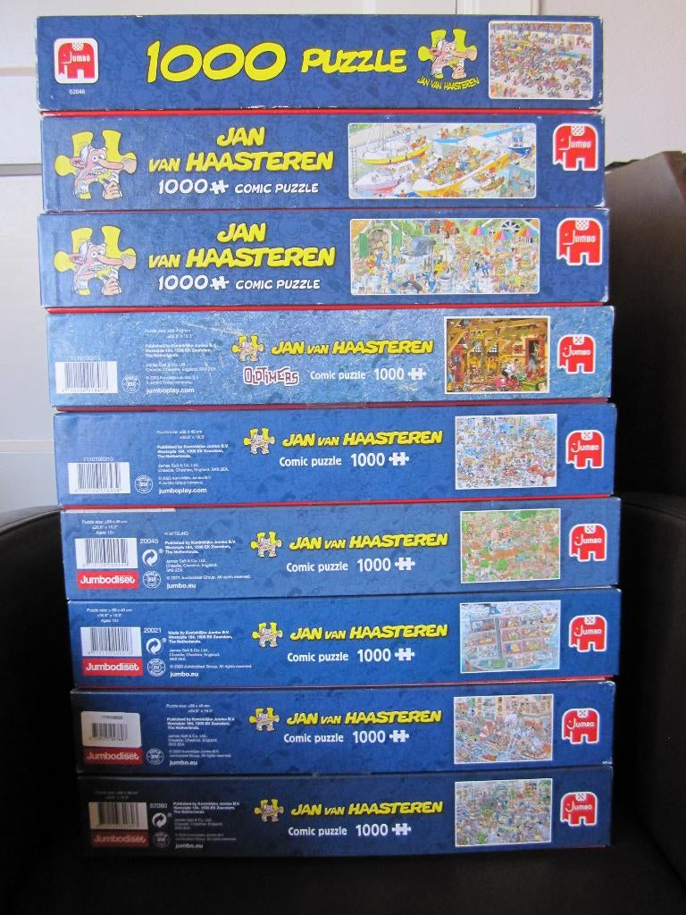 9 x Jan van Haasteren legpuzzel 1000 stukjes, Ophalen of Verzenden, 500 t/m 1500 stukjes, Zo goed als nieuw, Legpuzzel