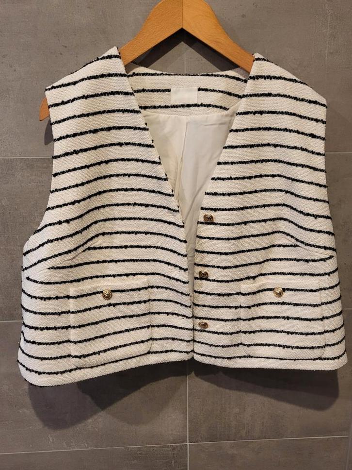 Stijlvol gestreept vestje met gouden knopen, Kleding | Dames, Bodywarmers, Zo goed als nieuw, Maat 42/44 (L), Wit, Ophalen of Verzenden