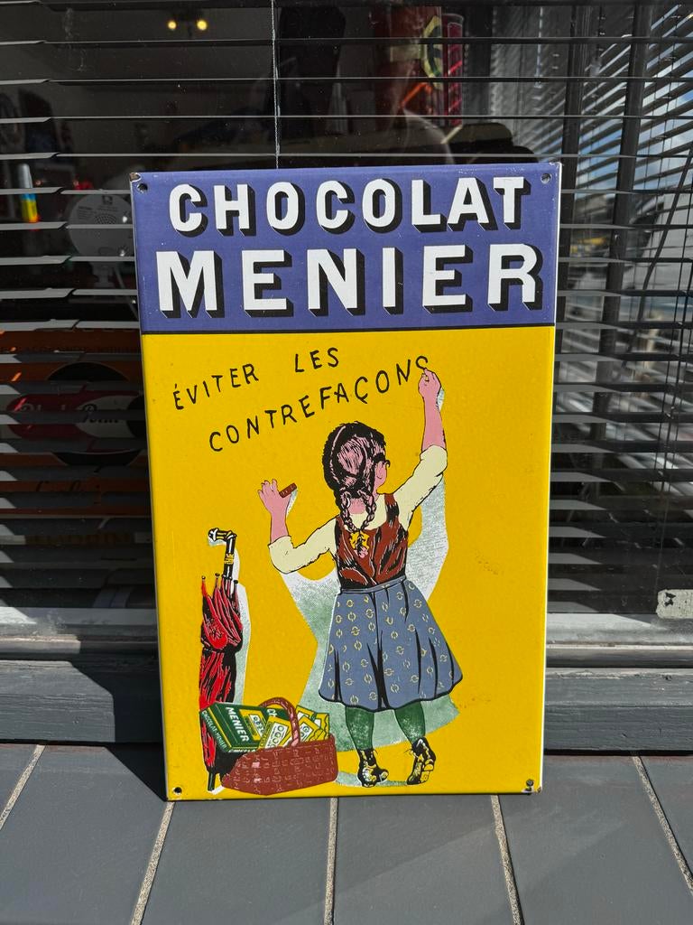Vintage Chocolat Menier Emaille Reclamebord, Antiek en Kunst, Ophalen
