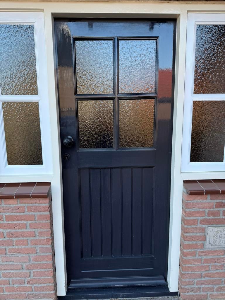 Zwarte hardhouten buitendeur met glas, Gebruikt, 80 tot 100 cm, Ophalen of Verzenden, Buitendeur