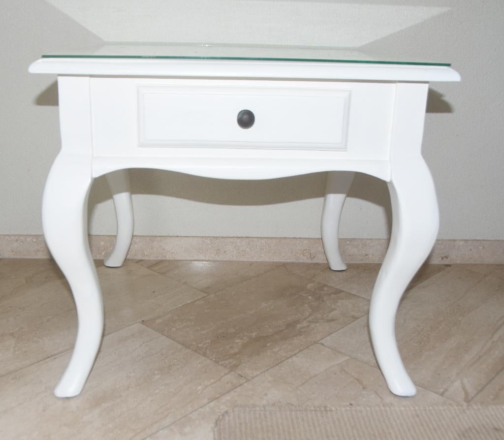 Brocante witte bijzettafel + glazen plaat salontafel tafel, Huis en Inrichting, Ophalen, Rechthoekig, 55 tot 75 cm, 45 tot 60 cm