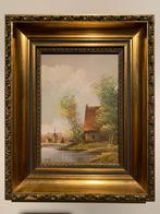 Olieverf op paneel. Hollands landschap met molen., Ophalen of Verzenden