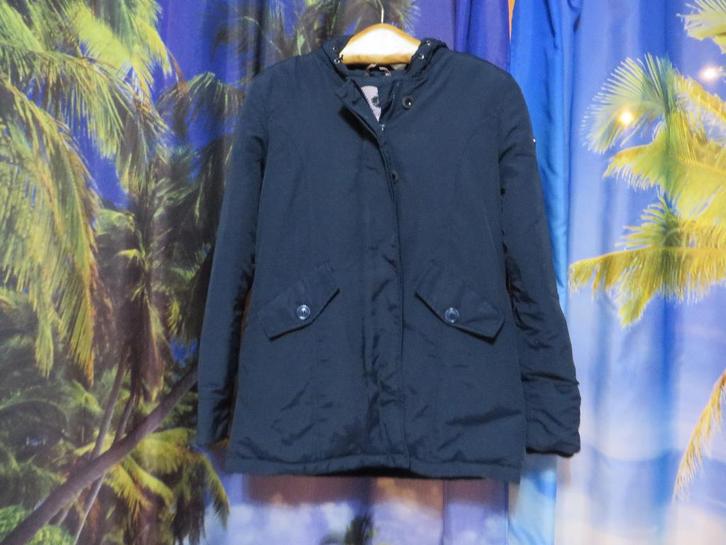 Blauwe echte dons en veren jas capuchon mt S Jacky Luxury, Kleding | Dames, Jassen | Winter, Gedragen, Maat 36 (S), Blauw, Ophalen of Verzenden