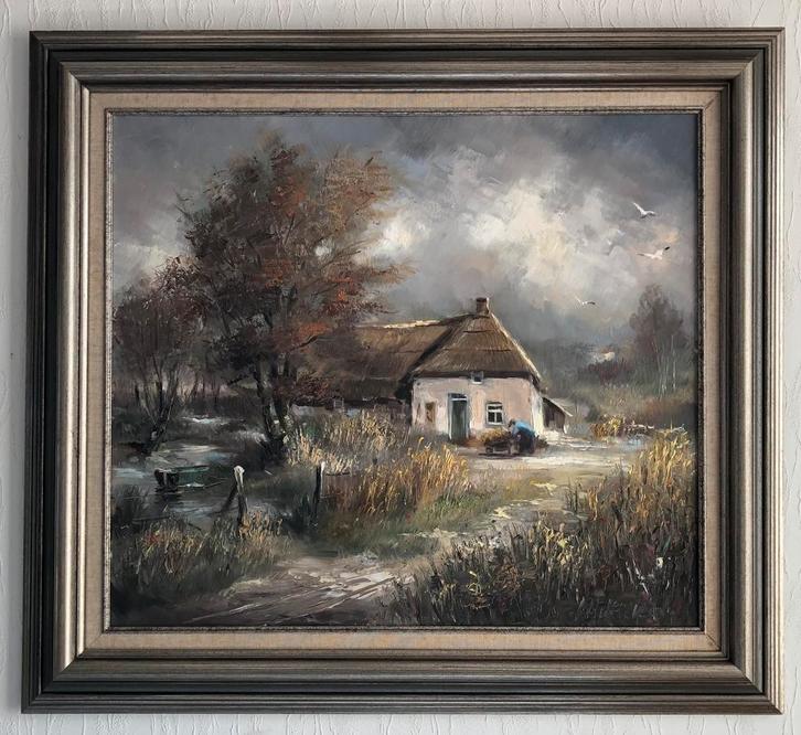 Landschap, rivier, bootje, boerderij met stro dak 102x92cm, Antiek en Kunst, Kunst | Schilderijen | Klassiek, Ophalen