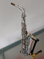 Zeldzame verzilverde Buescher Big Bell altsaxofoon, Ophalen, Gebruikt, Alt, Met koffer