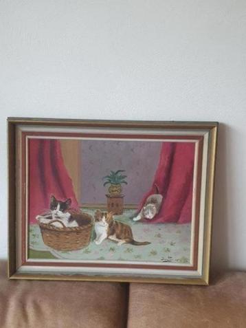 Schilderij met 3 kittens poezen gesigneerd beschikbaar voor biedingen