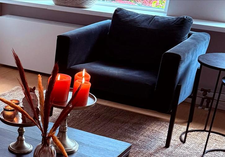 2x Fauteuil Donkerblauw/Grijs RIB Fluweel, Huis en Inrichting, Fauteuils, Zo goed als nieuw, Stof, 75 tot 100 cm, 75 tot 100 cm