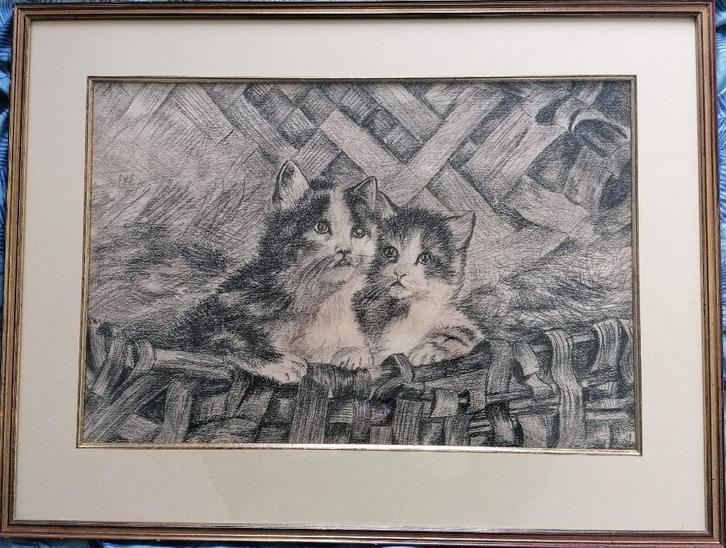 Charmante houtskooltekening - Twee kittens in een mand, Antiek en Kunst, Kunst | Tekeningen en Foto's, Ophalen