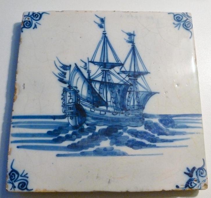 Zeldzame 17e eeuwse SCHEEPS tegel met 3-mast VOC SCHIP!, Antiek en Kunst, Antiek | Wandborden en Tegels, Ophalen of Verzenden