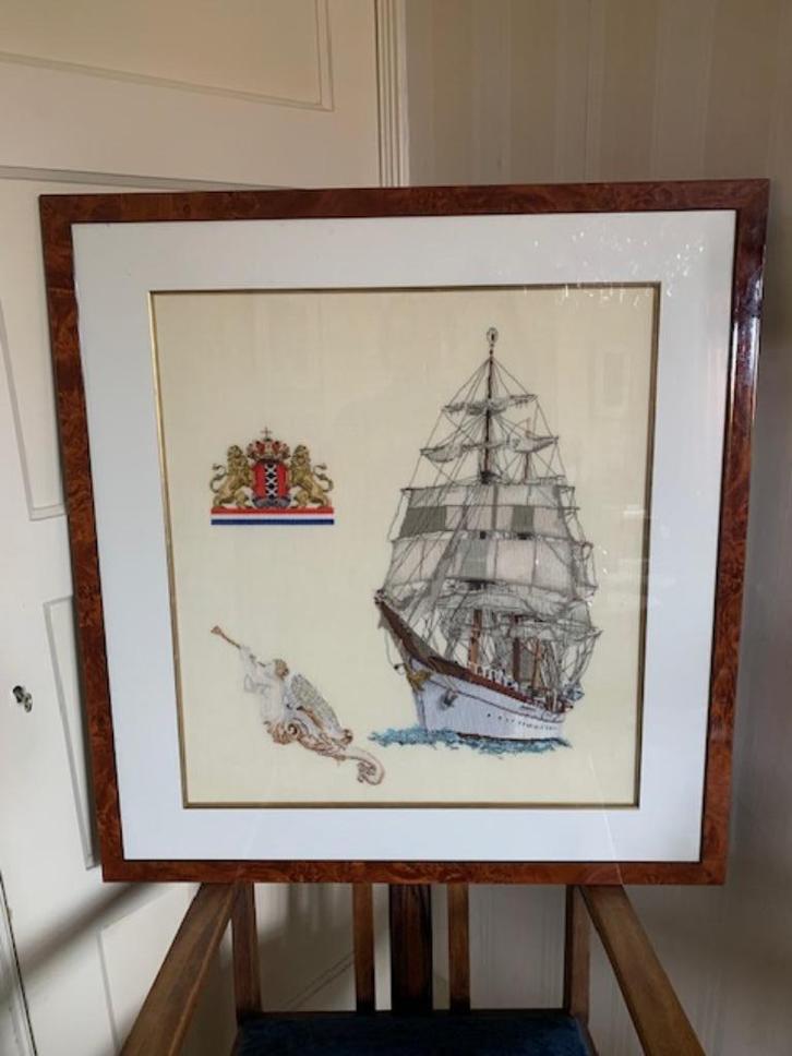 Prachtig geborduurd schilderij van schip, Antiek en Kunst, Kunst | Schilderijen | Klassiek, Ophalen