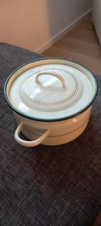 REYRO/VINTAGE KOOKPAN EMAILLE ECRU/GROEN GOUDBIES H 14/DS 25, Ophalen of Verzenden