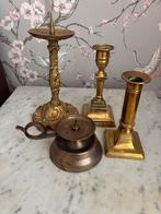 3 koperen kaarsenstandaards en een blaker, Antiek en Kunst, Ophalen, Koper of Brons