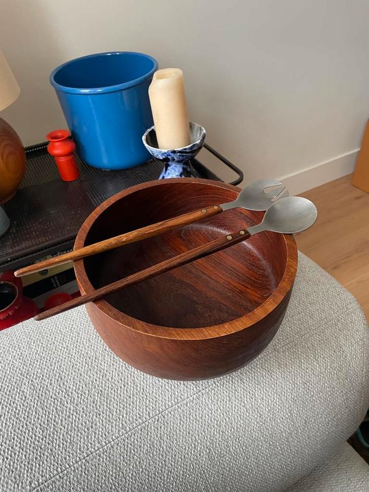 Vintage Deense Teak Saladeschaal met Bestek, Huis en Inrichting, Keuken | Keukenbenodigdheden, Gebruikt, Ophalen of Verzenden