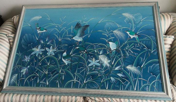 GROOT) - Bloemen en vogels ca. 1980 - UBUD Bali, Antiek en Kunst, Kunst | Schilderijen | Klassiek, Ophalen