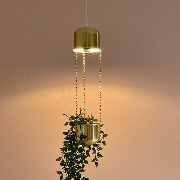 vintage messing LAMP met BLOEMPOT Deens Mid Century Design, Huis en Inrichting, Lampen | Hanglampen, Gebruikt, Minder dan 50 cm