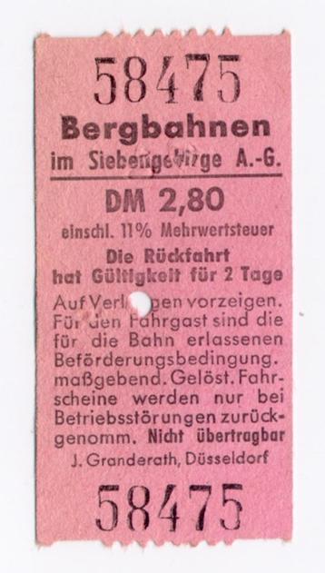 Oud toegangskaartje Bergbahnen Siebengebirge tandradbaan D beschikbaar voor biedingen