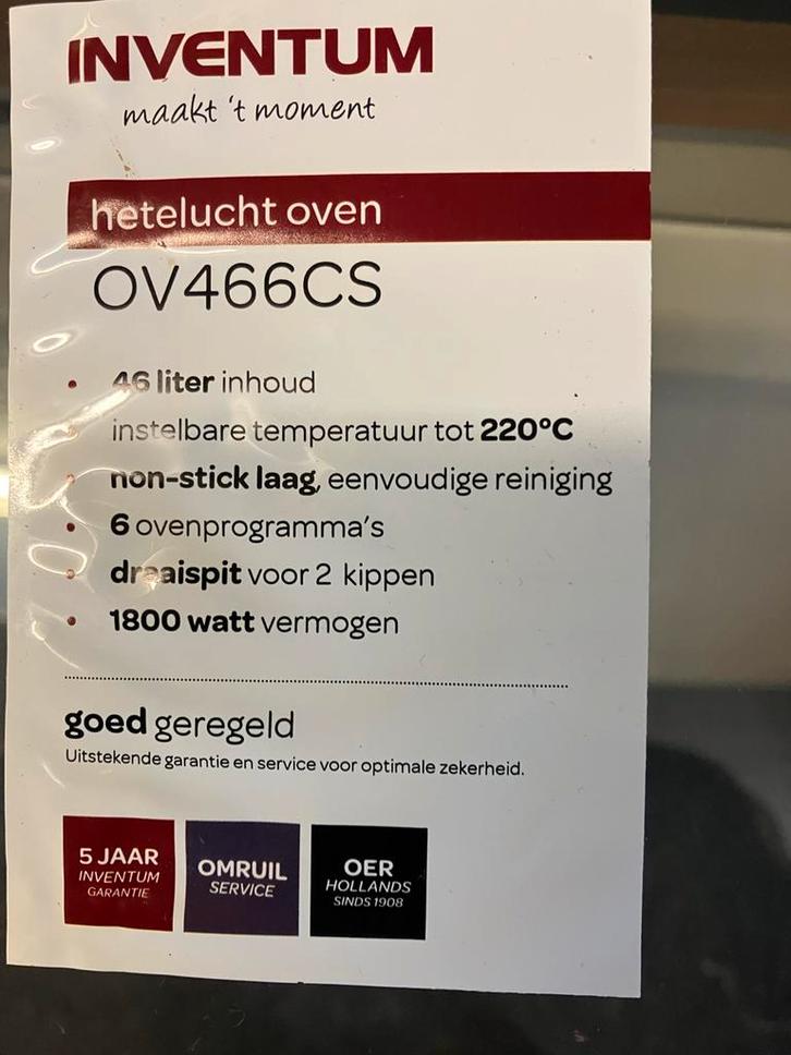 Inventum Hetelucht Oven - met grill., Witgoed en Apparatuur, Ovens, Zo goed als nieuw, Vrijstaand, Oven, Minder dan 45 cm, Hete lucht