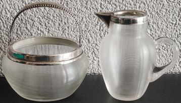 Antieke set draadglas suikerpot en melkkan met zilveren mont