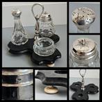 Antiek zilver,  kristallen tafelset op houten basement, Antiek en Kunst, Ophalen of Verzenden, Zilver