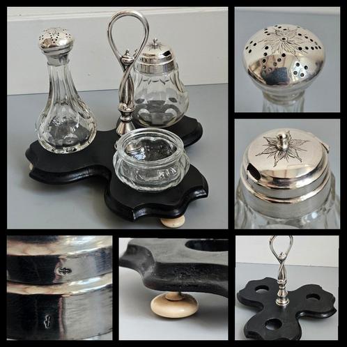 Antiek zilver,  kristallen tafelset op houten basement, Antiek en Kunst, Antiek | Goud en Zilver, Zilver, Ophalen of Verzenden