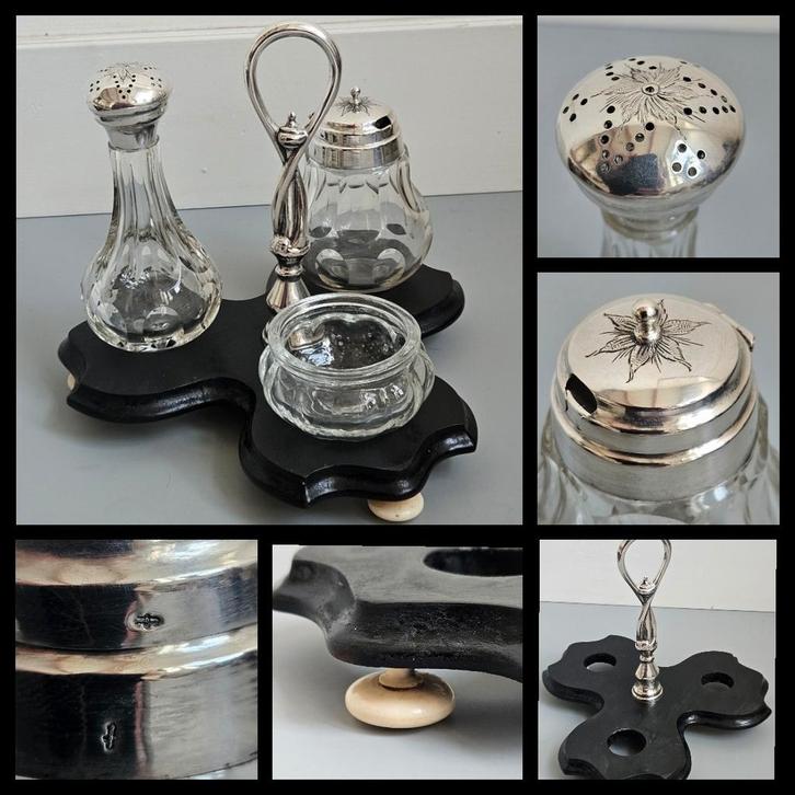 Antiek zilver,  kristallen tafelset op houten basement, Antiek en Kunst, Antiek | Goud en Zilver, Zilver, Ophalen of Verzenden
