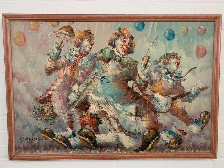 schilderij Brenda Polsky impressionistische weergave clowns., Antiek en Kunst, Kunst | Schilderijen | Klassiek, Ophalen of Verzenden