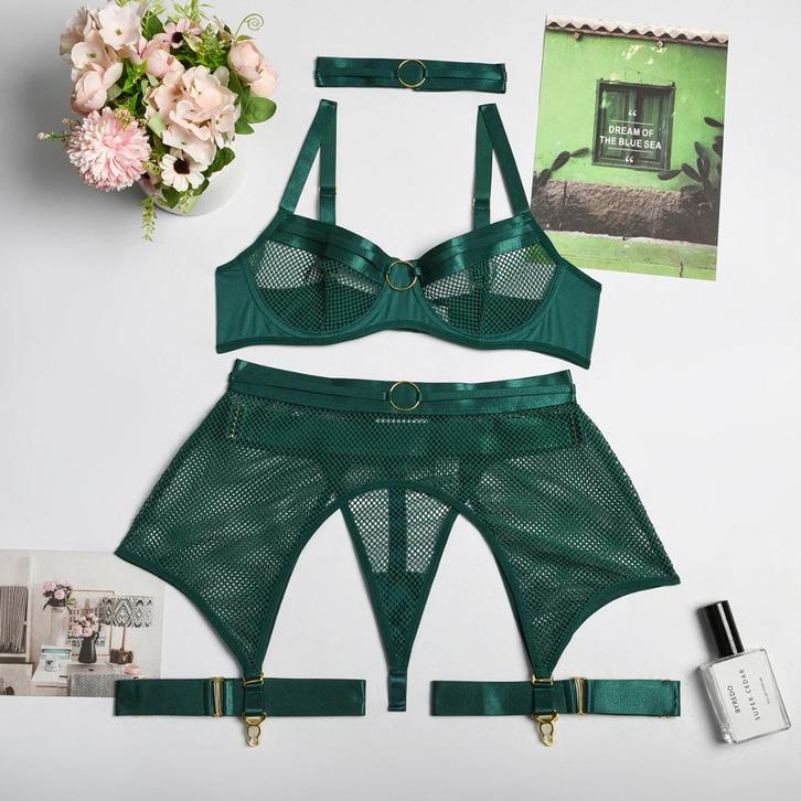 Groen doorzichtig mesh lingerie setje string bh jarretels, Kleding | Dames, Ondergoed en Lingerie, Setje, Groen, Verzenden