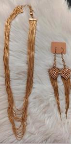 Gouden ketting en oorbellen set met strass, Sieraden, Tassen en Uiterlijk, Kettingen, Overige materialen, Ophalen of Verzenden