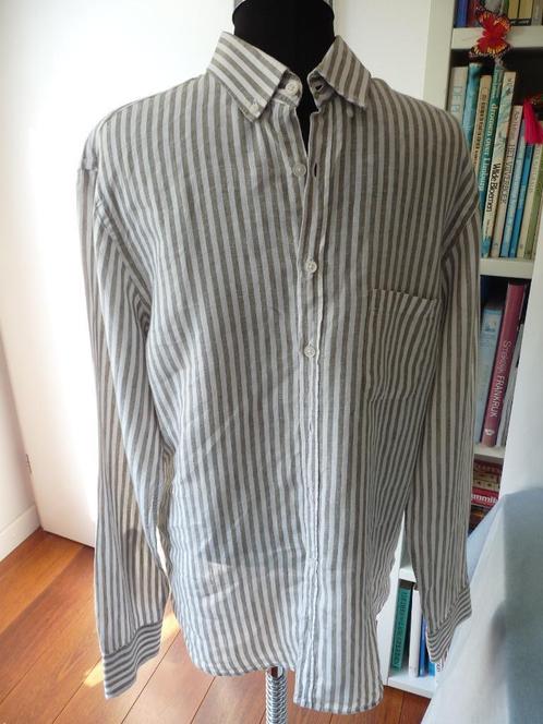Grijs groen wit strepen linnen overhemd, Brax mt M 39-40, Kleding | Heren, Overhemden, Zo goed als nieuw, Halswijdte 39/40 (M)
