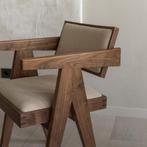 8x Design stoel pierre jeanneret walnoothout - beige stof x8, Bruin, Ophalen of Verzenden, Zo goed als nieuw, Vijf, Zes of meer stoelen