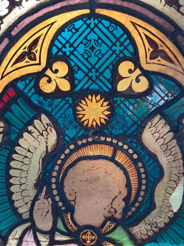 Antiek Glas in Lood Paneel kerkraam religieus, Antiek en Kunst, Antiek | Glas en Kristal, Ophalen of Verzenden