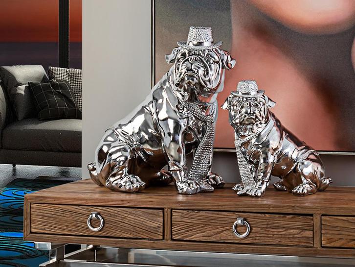 UNIEK Bulldog Hat design object polyresin glossy silver, Antiek en Kunst, Kunst | Beelden en Houtsnijwerken, Ophalen of Verzenden