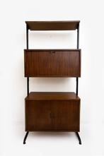 Vintage wandsysteem met donker hout en zwart metalen frame, Ophalen, Gebruikt, ., .