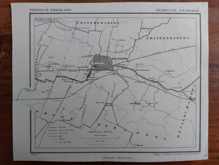 7 / Gemeente Franeker litho uit 1868 van j. Kuyper, Antiek en Kunst, Kunst | Litho's en Zeefdrukken, Ophalen of Verzenden