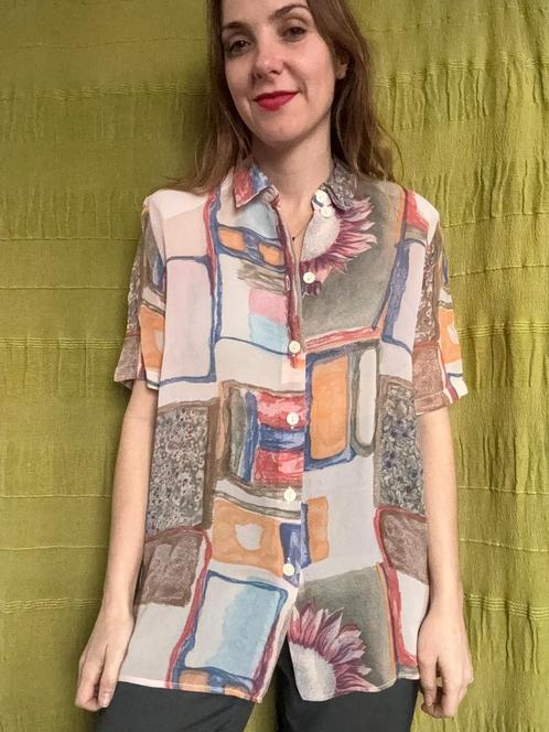 Vintage blouse, maat 38/40 - M/L - grote (zonne)bloem - 90's, Kleding | Dames, Blouses en Tunieken, Gedragen, Maat 38/40 (M), Ophalen of Verzenden